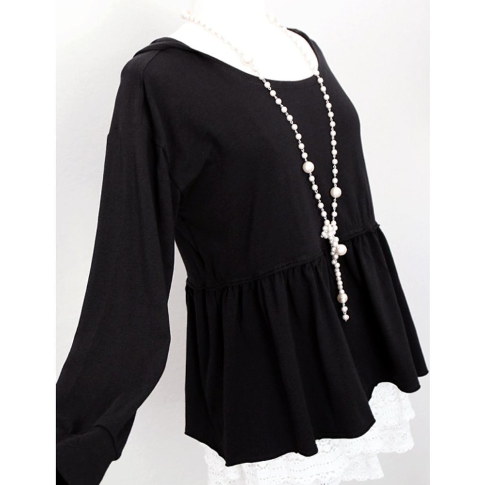 Black Hooded Babydoll Peplum Pullover Cotton Top - Picture 5 of 8